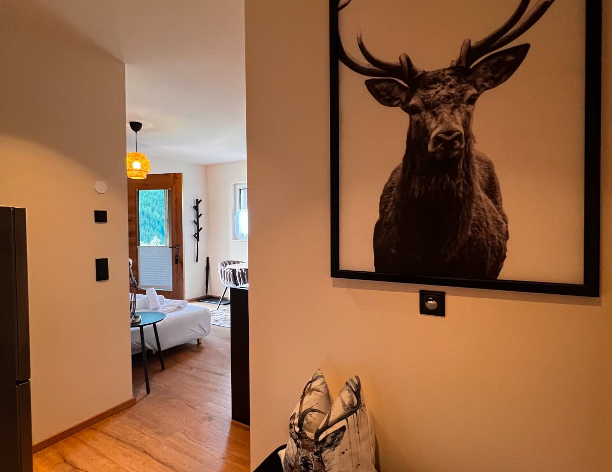 Flur mit Holzboden, Hirschbild an der Wand und Blick ins Wohnzimmer im Appartement