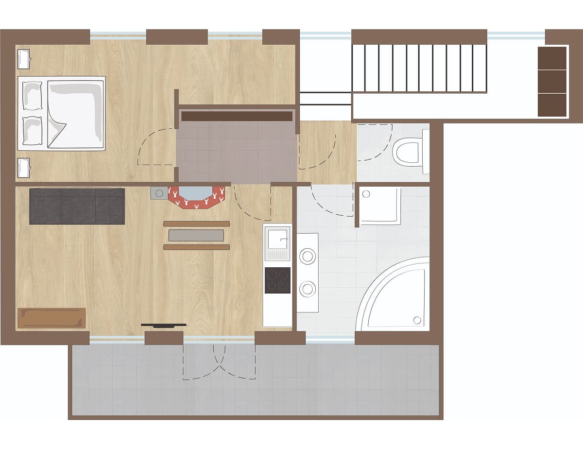 Grundriss vom Appartement mit Schlafzimmer, K&uuml;che, Bad und Terrasse