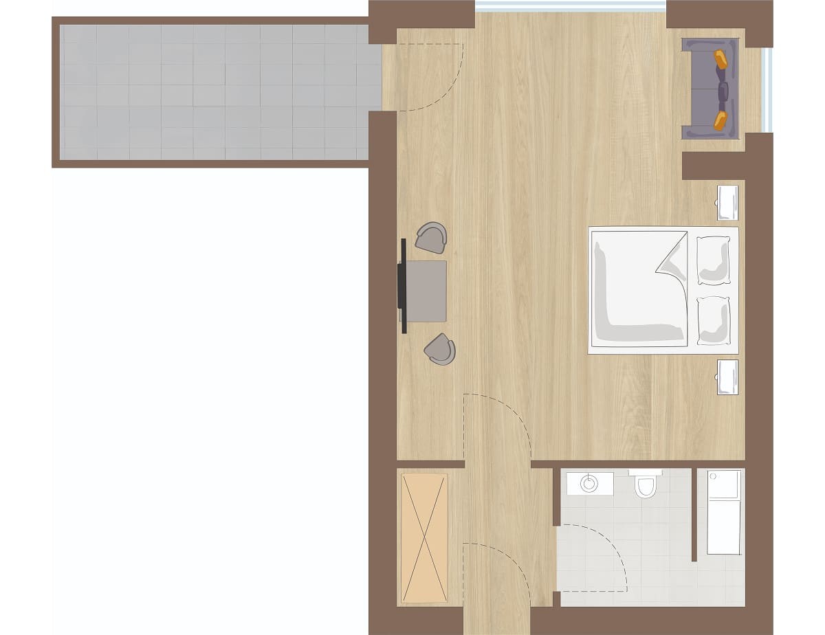Grundriss vom Doppelzimmer mit Dachsteinblick mit Bett, Schreibtisch, Sofa, Bad und Balkon