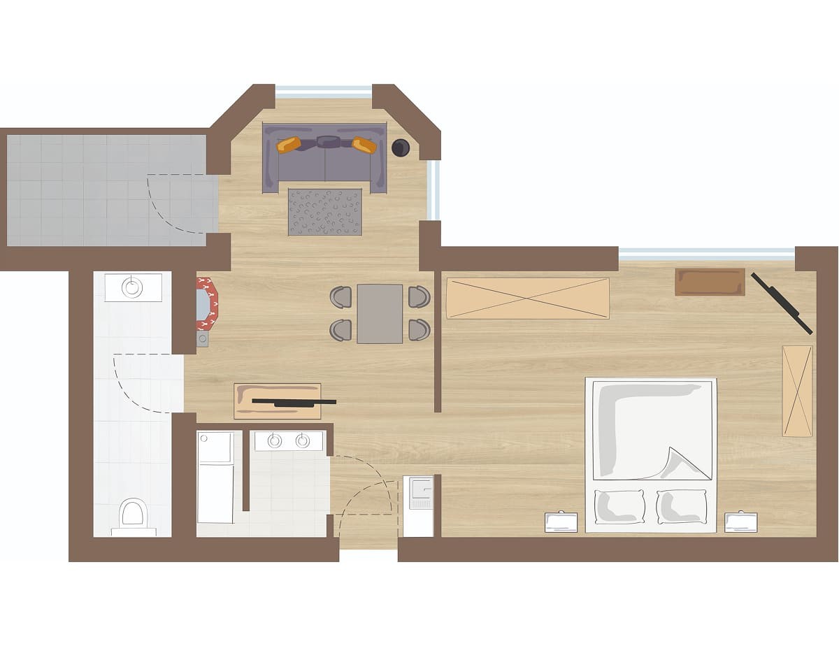 Grundriss vom Doppelzimmer Deluxe mit Dachsteinblick mit Wohnzimmer, K&uuml;che, Bad und Schlafzimmer