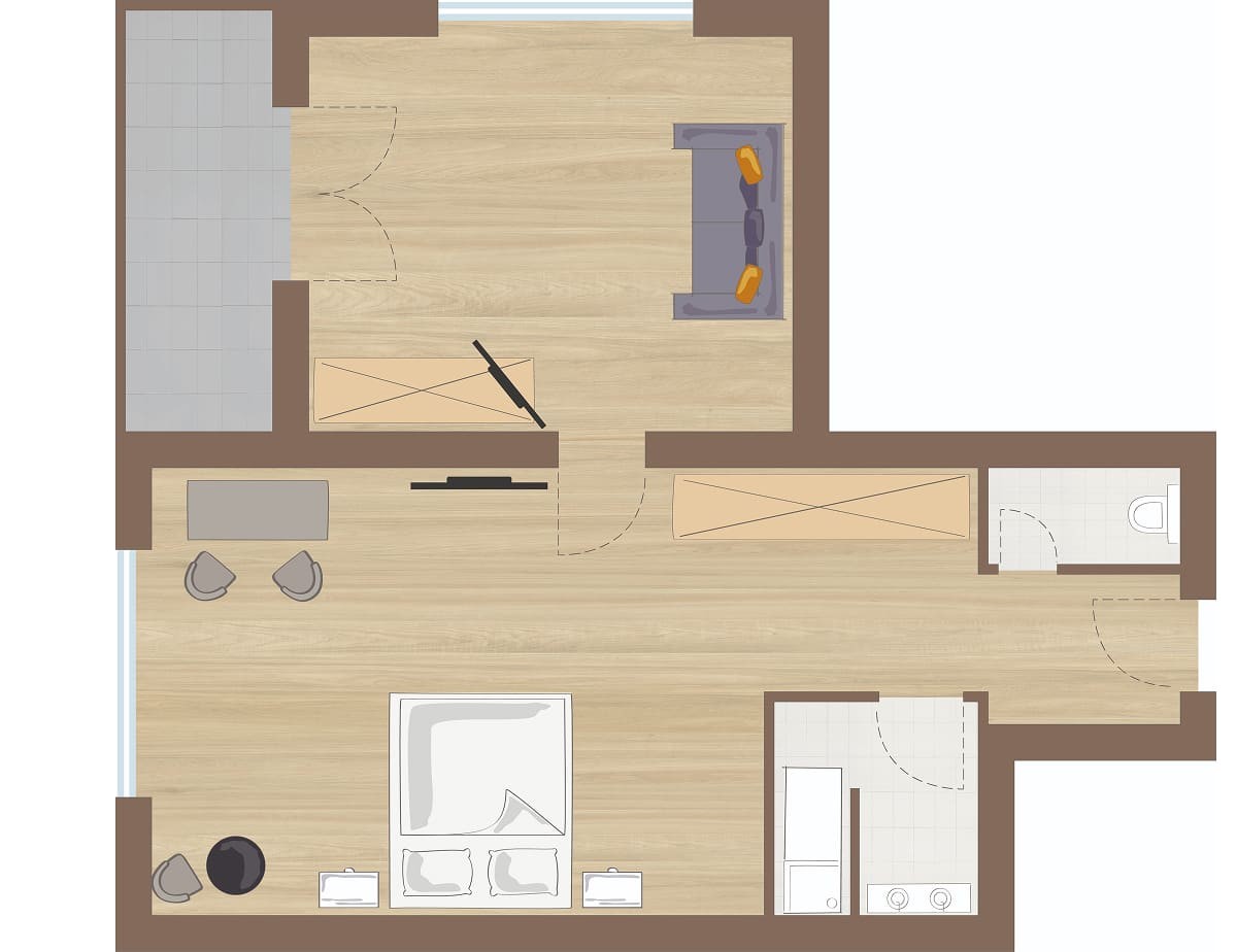 Grundriss vom Doppelzimmer Deluxe mit S&uuml;d- Westbalkon mit Schlafbereich, K&uuml;che, Wohnzimmer und kleinem Badezimmer