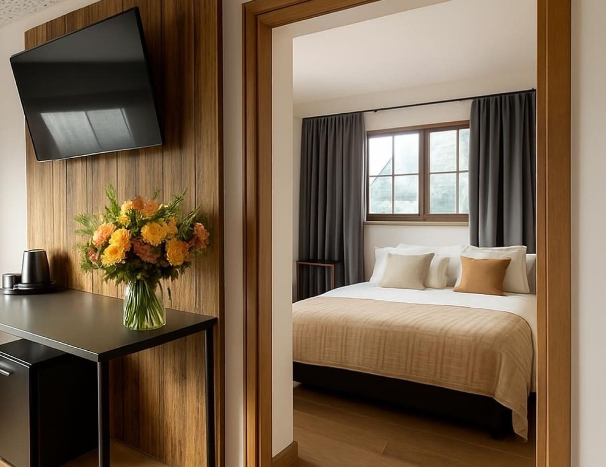 Modernes Hotelzimmer Deluxe mit Doppelbett, Blumenstrau&szlig; und Flachbildfernseher