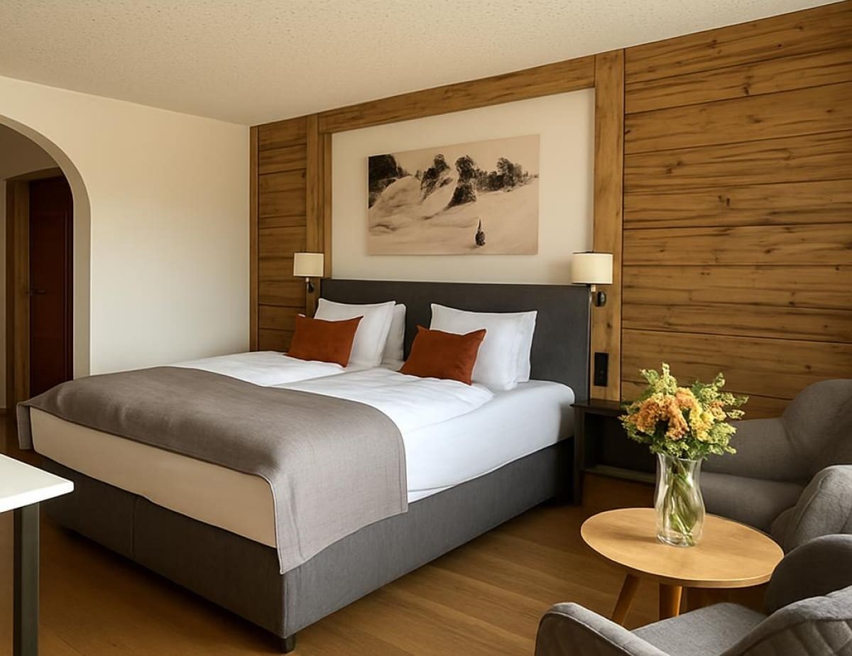 Gem&uuml;tliches Hotelzimmer Deluxe mit Doppelbett, Holzverkleidung und Blumenstrau&szlig; auf dem Tisch