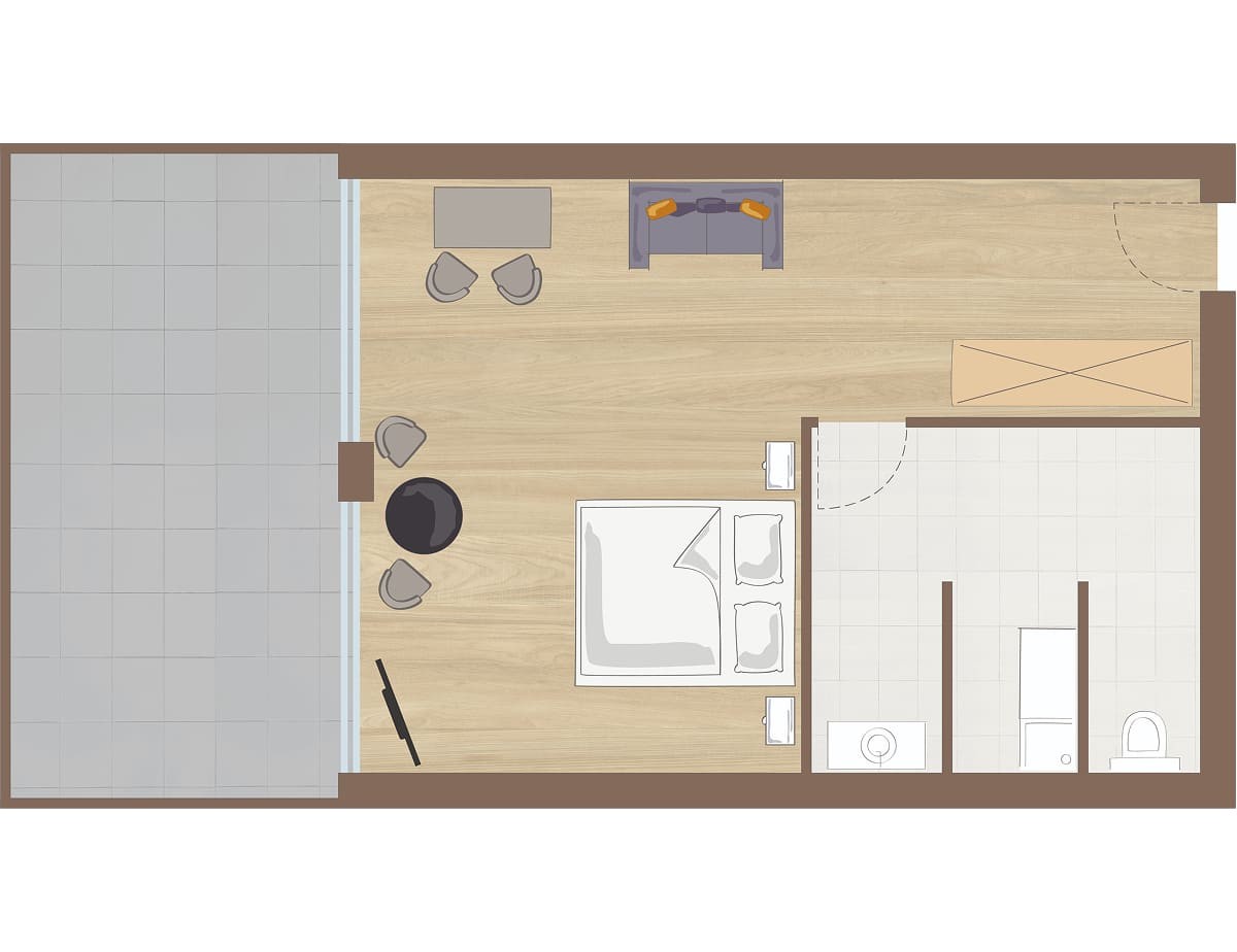 Grundriss vom Doppelzimmer Superior mit Bett, Balkon, Schreibtisch und Bad