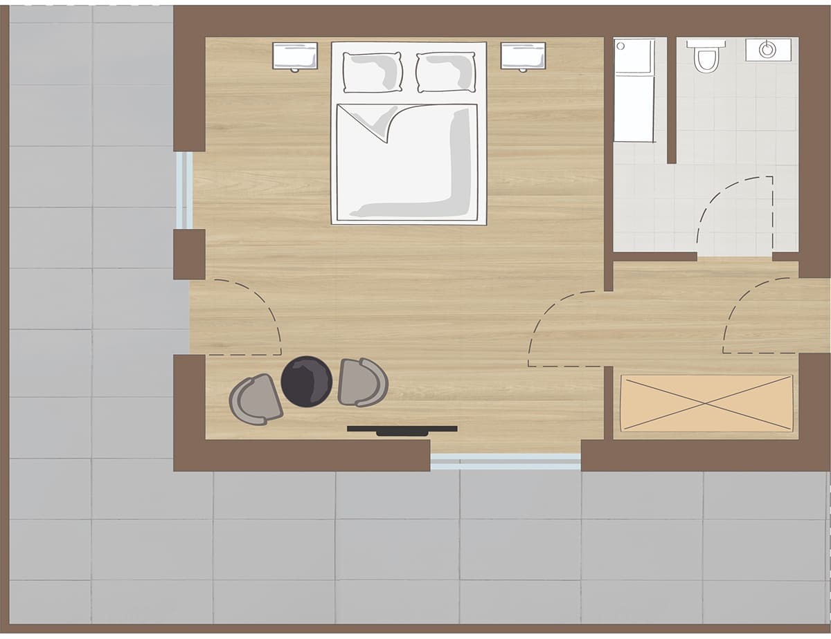 Grundriss vom Doppelzimmer mit Bett, Tisch, St&uuml;hlen und angrenzendem Badezimmer