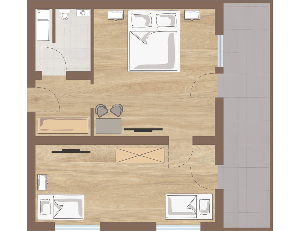 Grundriss vom Familienzimmer mit Schlafzimmer, Badezimmer und Wohnbereich