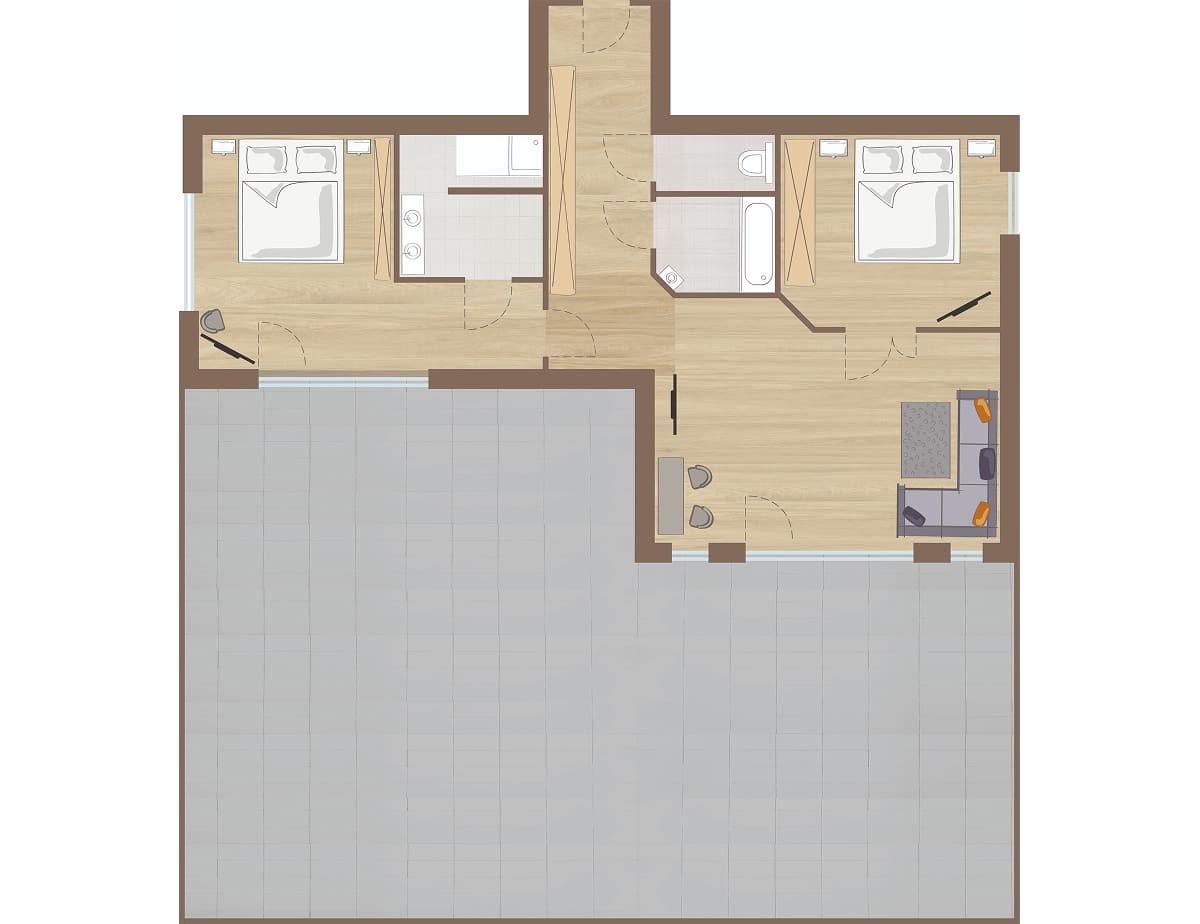 Grundriss einer Wohnung mit zwei Schlafzimmern, Wohnzimmer, Bad und zwei Balkonen