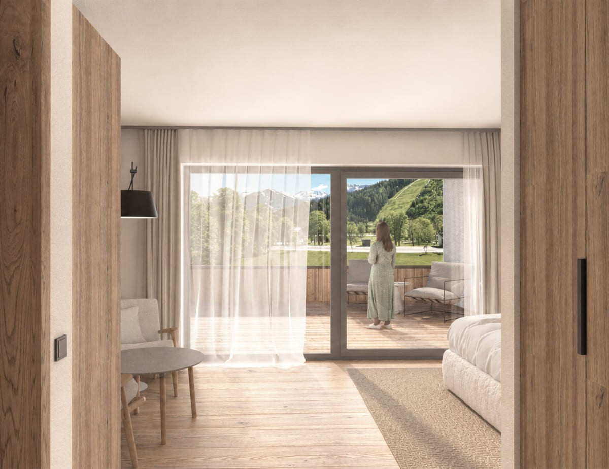 Visualisierung vom neuen Zimmer im Hotel Landhaus, moderne Wohnung mit Holzdekor, Blick auf eine Terrasse und gr&uuml;ne H&uuml;gel im Hintergrund