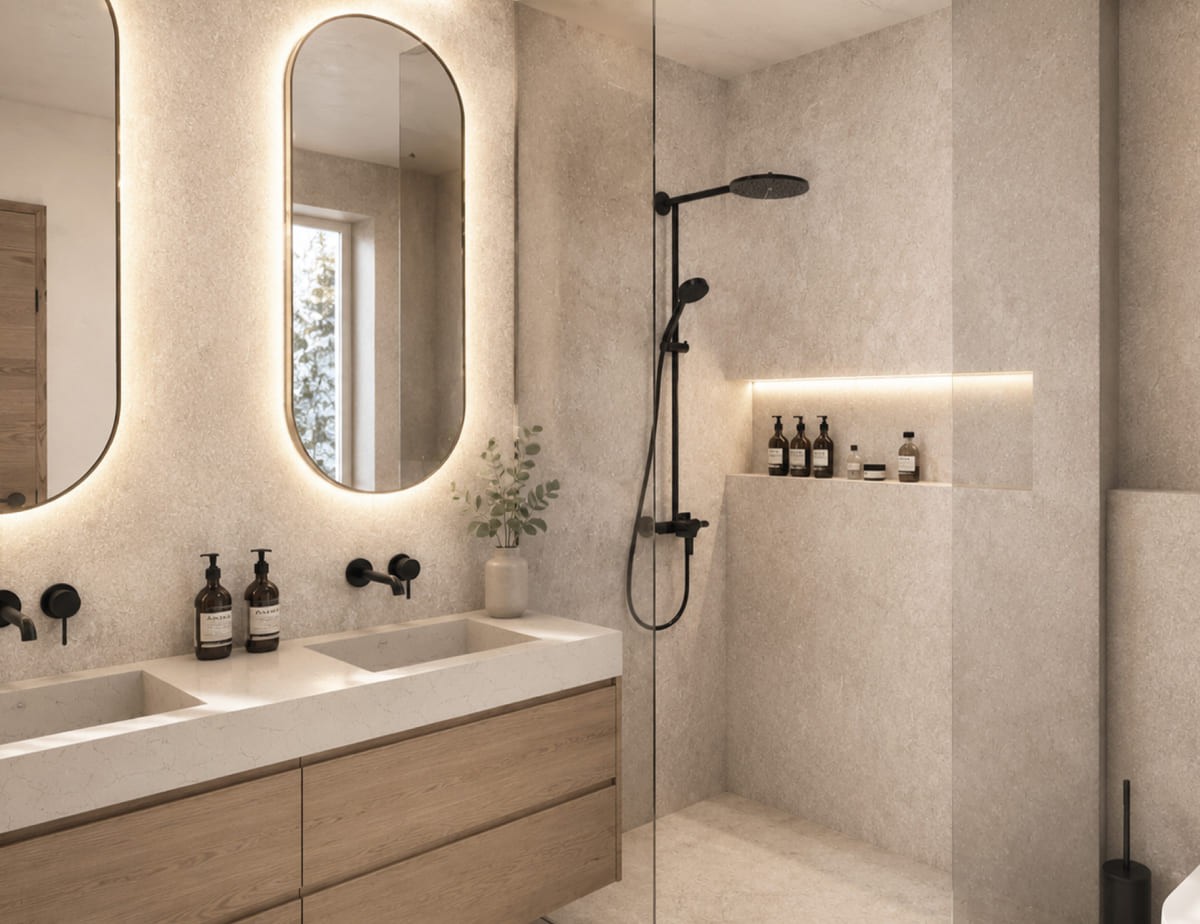 Visualisierung vom neuen Zimmer im Hotel Landhaus, modernes Badezimmer mit Doppelwaschbecken, beleuchteten Spiegeln und Regendusche