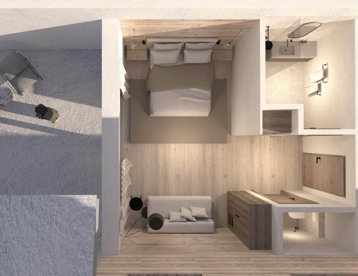 Visualisierung vom neuen Zimmer im Hotel Landhaus, modernes Hotelzimmer mit Bett, Sofa, K&uuml;che und Bad in Draufsicht